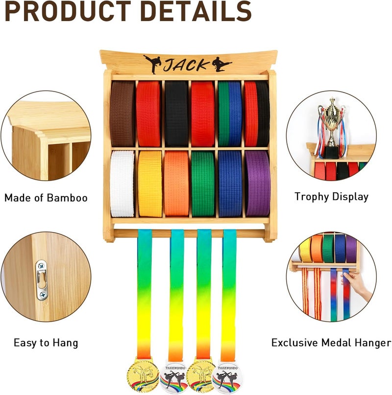 Tilhumt 12 Belts Karate Belt Display Rack with Trophy and Medal Display Rack, Taekwondo Belt Display Rack with Stickers, Martial Arts Belt Display for Kids and Adults - Image 3
